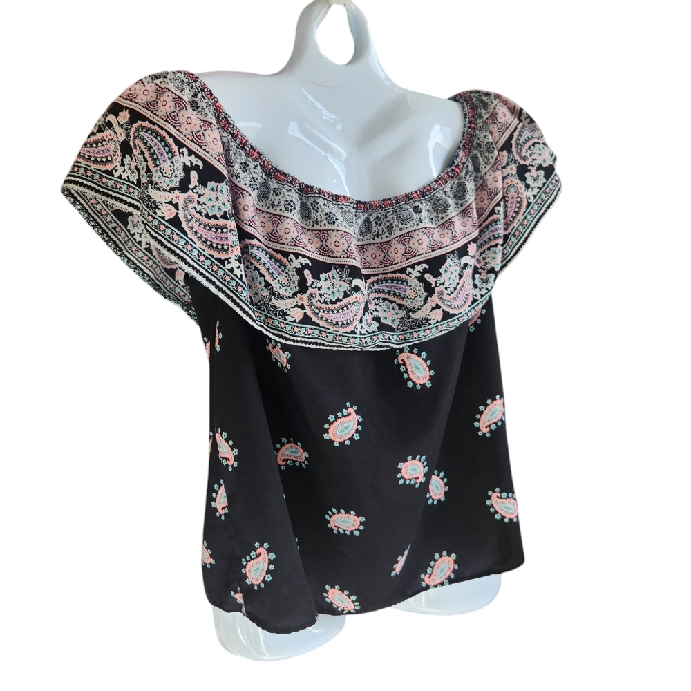 C Romantic Peasant Blouse Loose Flowy Paisly Print Ruffled Trim Bohemian/Folk L - Picture 2 of 14